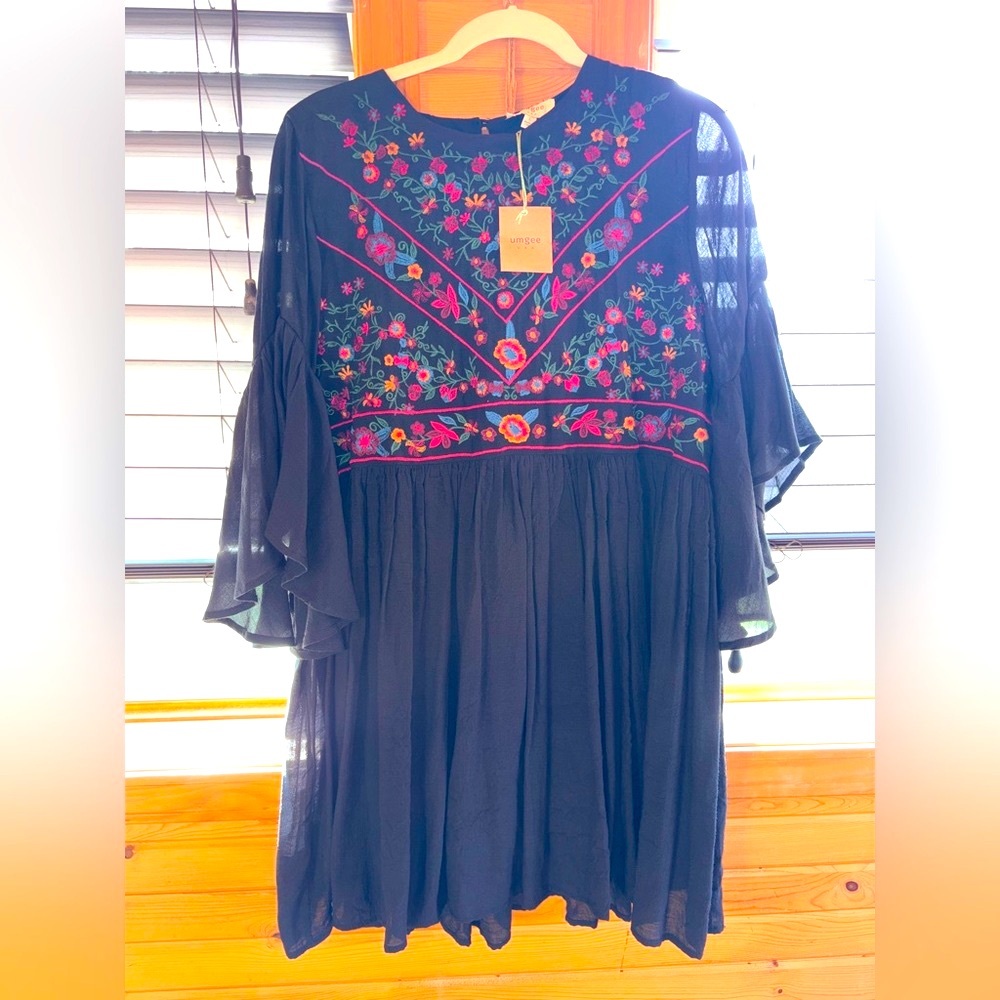 Umgee Black Dress with Multicolor Floral Embroidery